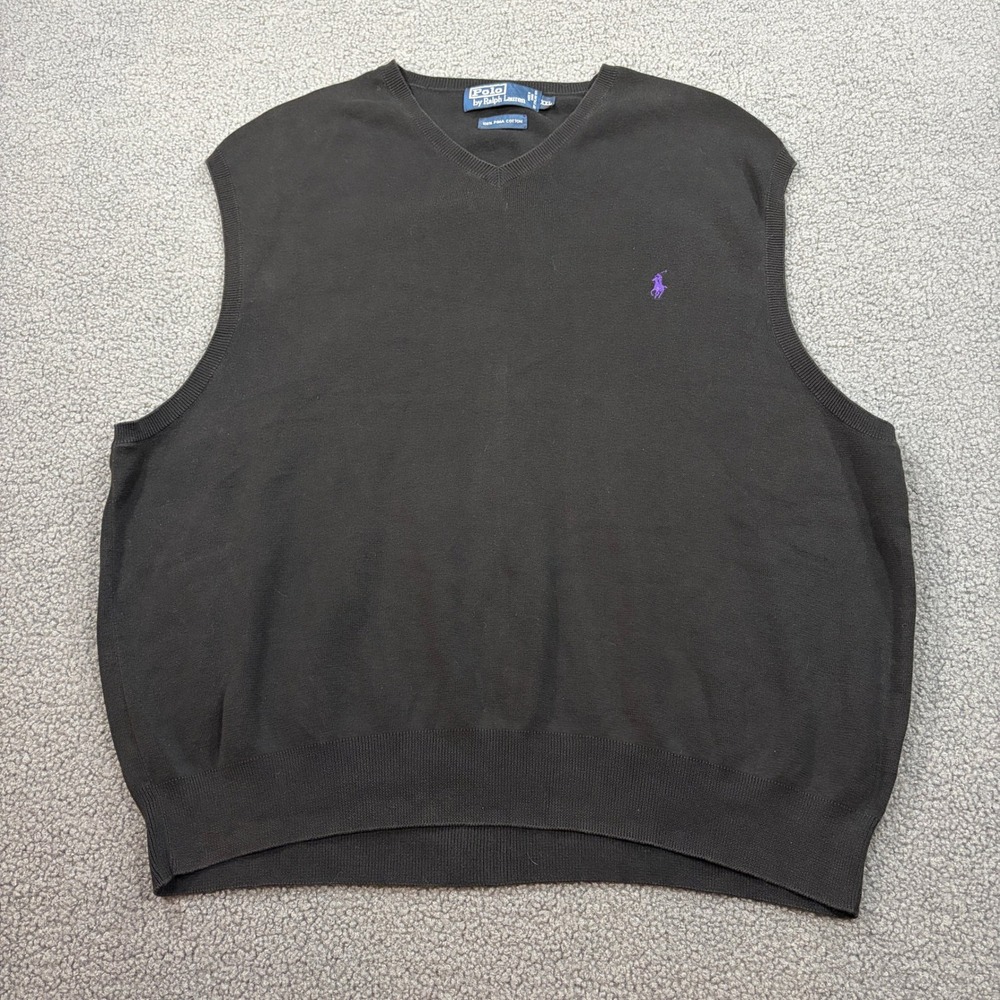 Polo Ralph Lauren Sweater Vest Mens XXL Black Pima Cotton V-Neck Purple Pony